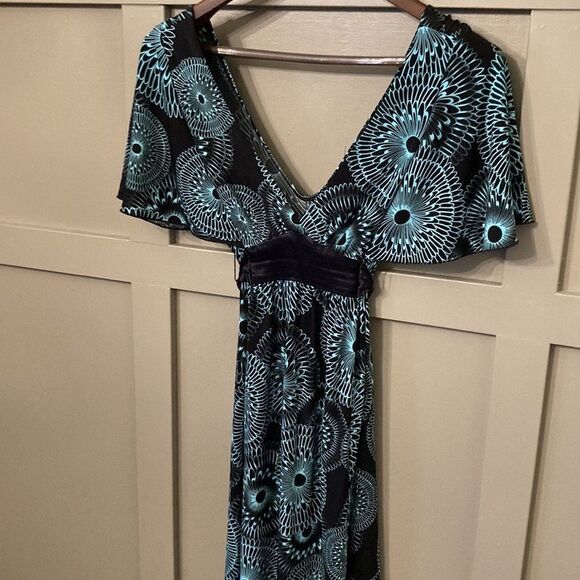 MY Michelle Y2K Deep V-Neck Flutter Sleeve Printed Dress Black & Teal Size Small - Picture 8 of 11